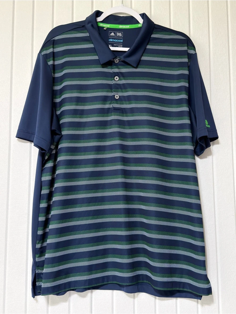 adidas Navy & Green Striped Climacool Polo - XL